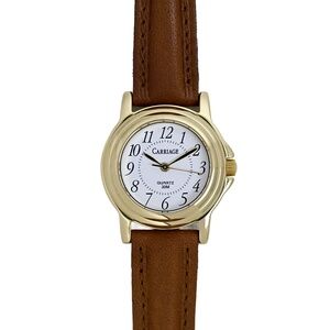 Carriage by Timex Ladies Gold Plated 1990's Vintage White Dial Watch Leather